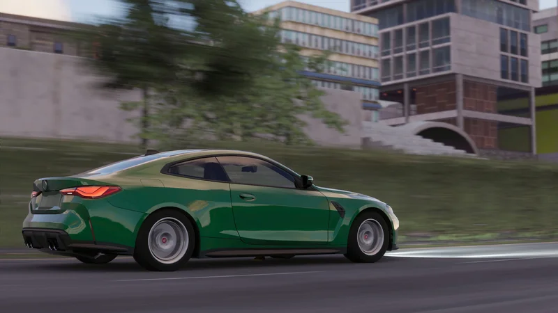 A green coupe driving past city buildings in CPM 2